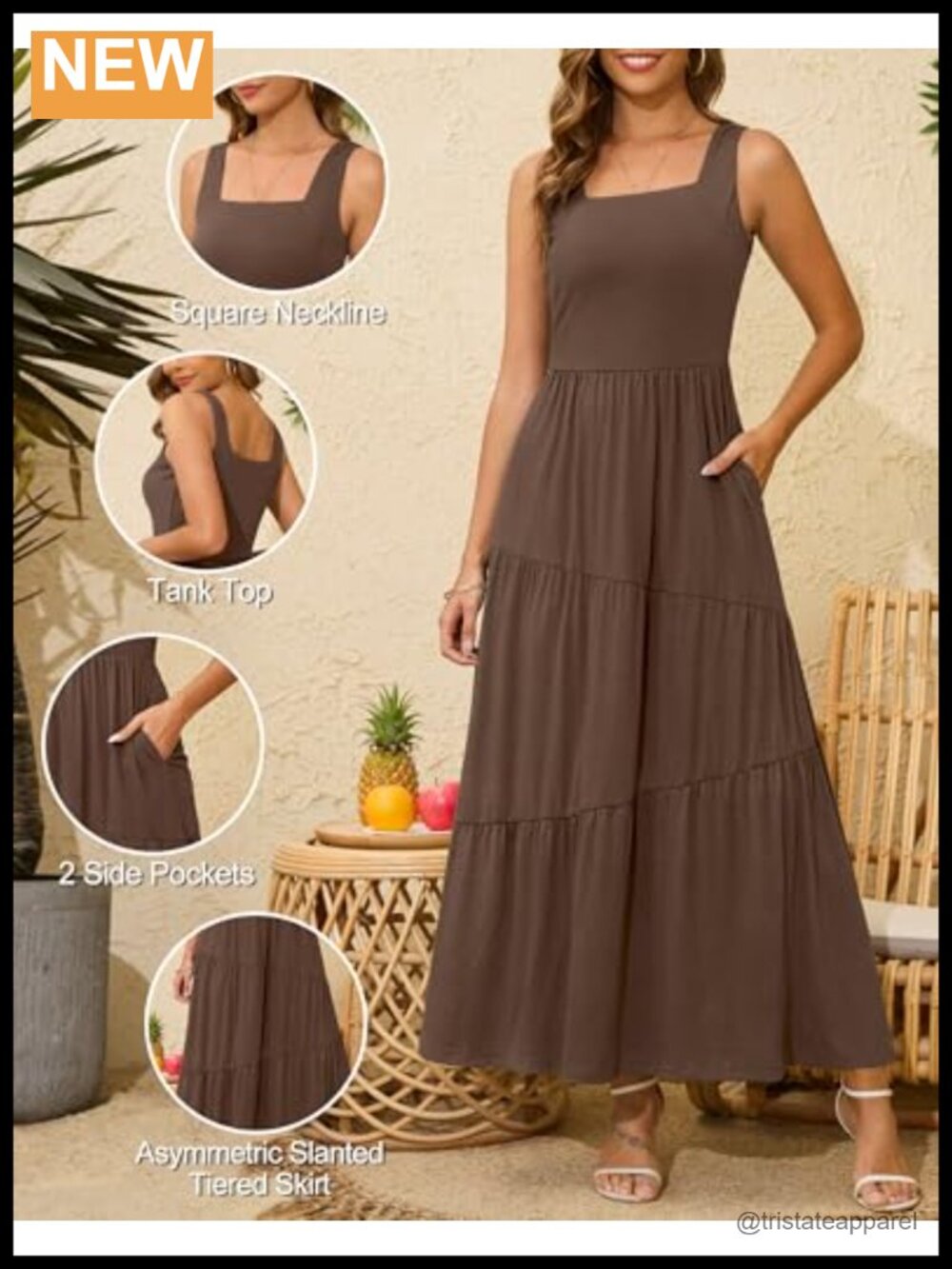 Sleeveless Square Neck Tiered Maxi Sundress with Pockets - Picture 3 of 6